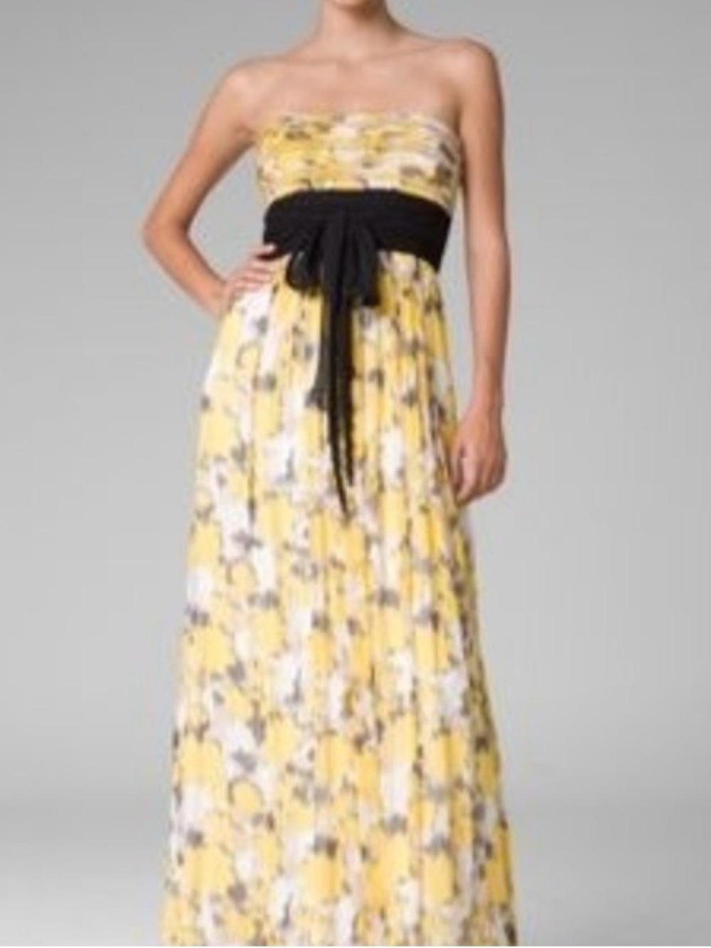 BCBGMAXAZRIA Strapless Silk Maxi Dress Yellow Abstract Print Black Tie Waistband